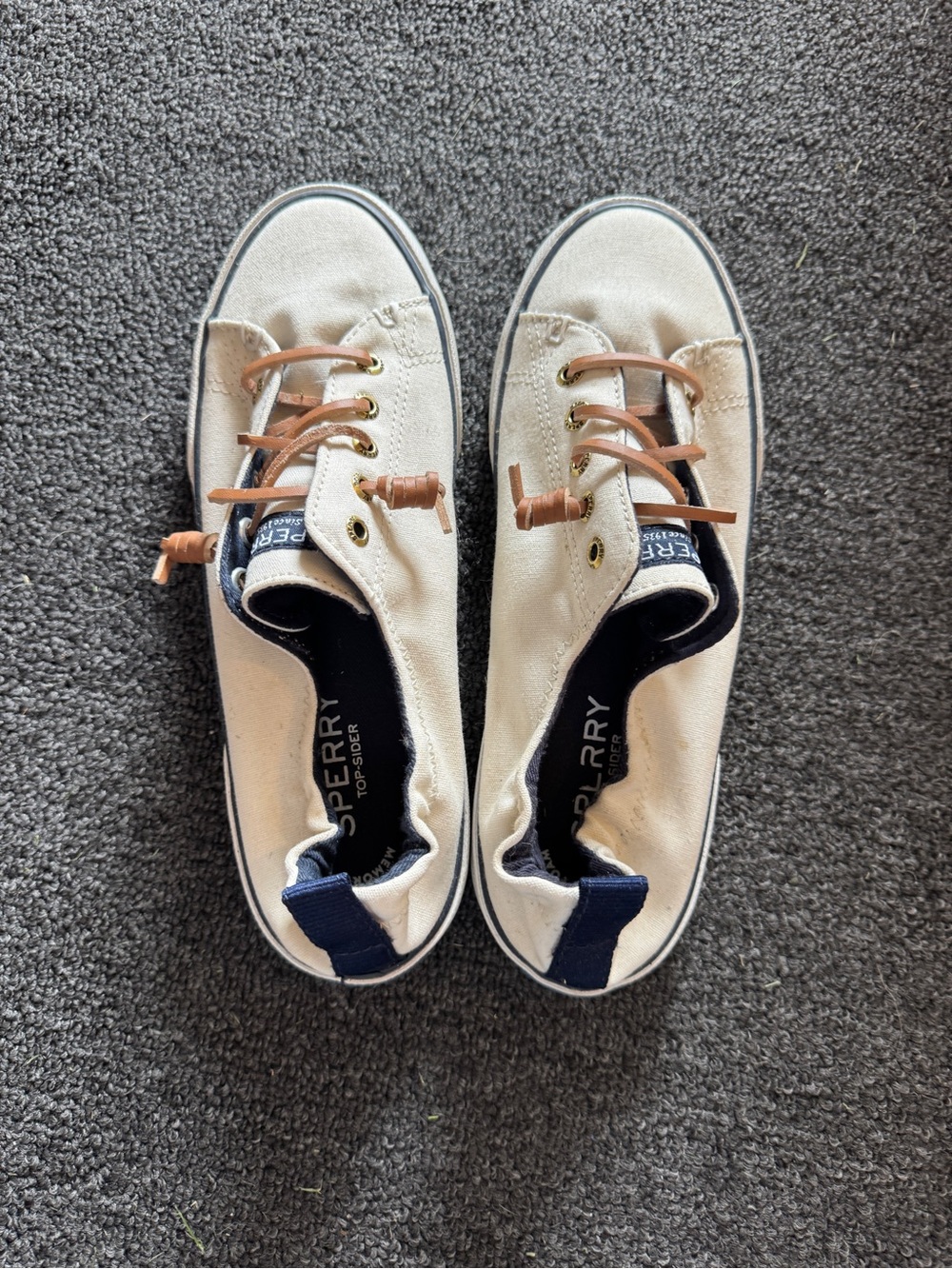 Sperry Cream Canvas Boat Shoes with Navy Trim and Tan Laces